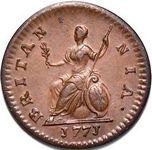 1771 British farthing value, George III, obverse 1