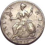 1771 British halfpenny value, George III, with reverse stop