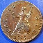 1773 British farthing value, George III, obverse 1, with reverse stop