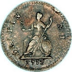 1773 British farthing value, George III, no stop after REX