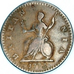1773 British farthing value, George III, obverse 1, no reverse stop