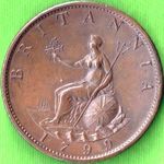 1799 British halfpenny value, George III, 5 incuse gun ports