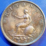 1799 British halfpenny value, George III, 6 raised gun ports
