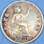 1849 UK fourpence (groat) value, Victoria, young head, 9 over 9