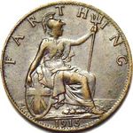 1915 UK farthing value, George V, TT spaced